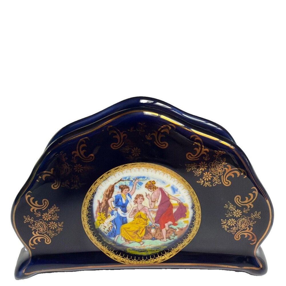 Rosenberg Porcelain Cobalt Napkin Holder 24k Gold Plate Classical Figural Scene